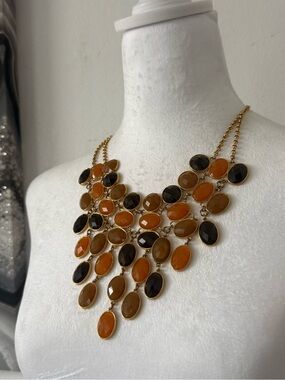 Statement Gold-Tone Bib Necklace with Amber and Black Stones